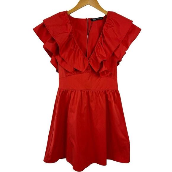 NWT Zara Womens Red Ruffle Mini Dress Blogger Favorite Small 1971/154/649 - Picture 2 of 15